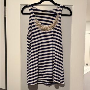Navy and White Striped Tank with Beaded Neckline